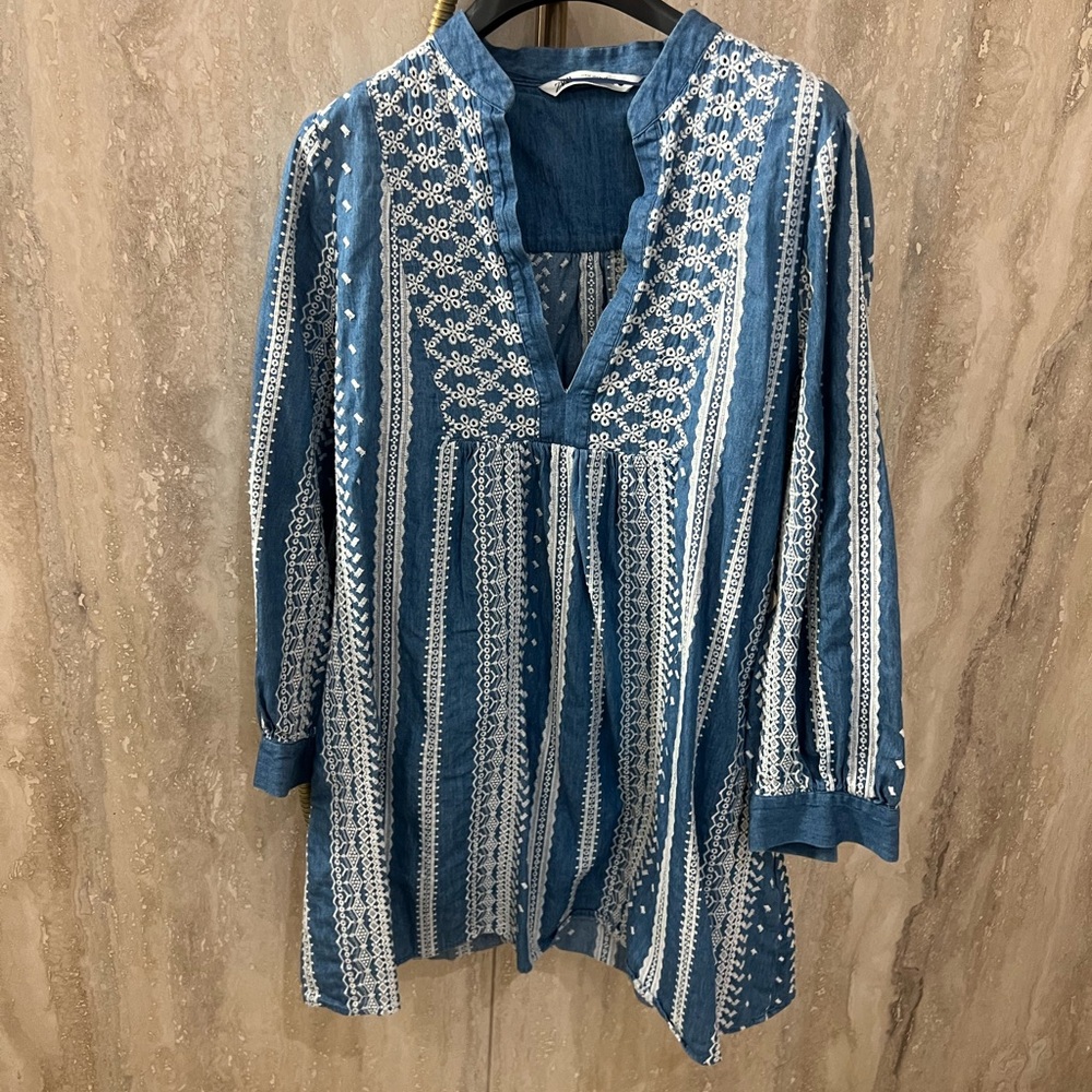 Zara Blue and White Embroidered Tunic